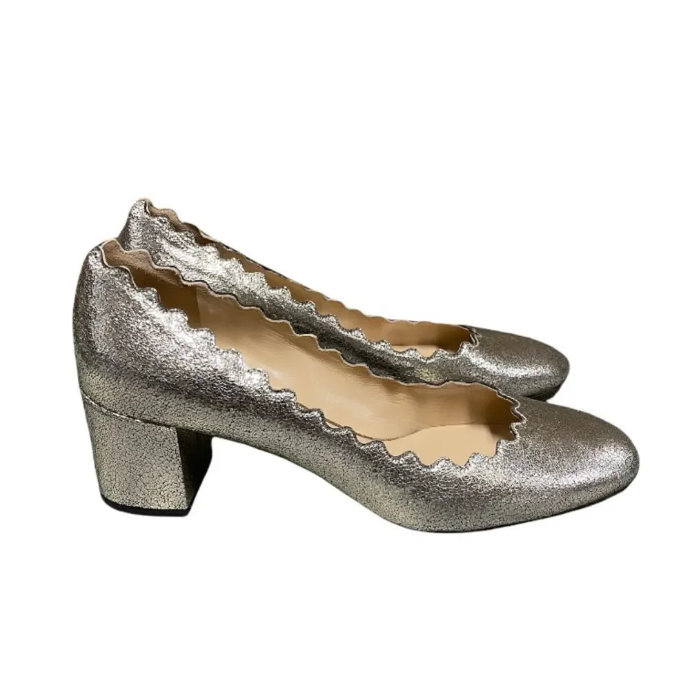 Chloe Glittery Metallic Gold Scalloped Leather Block Heel Size 7.5 NEW